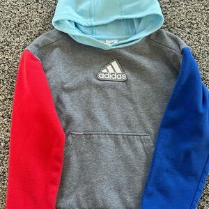 Adidas Kids' Gray Hoodie with Red and Blue Sleeves